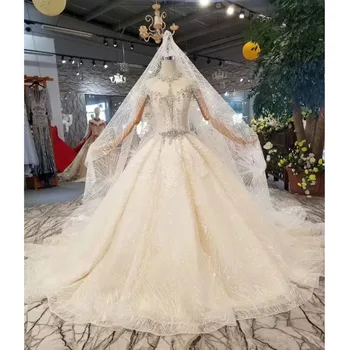 شراءBGW HT4722 الكريستال فساتين الزفاف مع الحجاب عالية الرقبة الأكمام كاب انظر من خلال العروس ثوب زفاف مع قطار Bruidsjurken