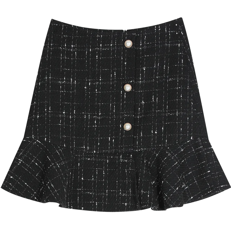 Knight Black ELFSACK, разноцветная, в клетку, с одной пуговицей, с жемчугом, нестандартная юбка для женщин, зима, новинка, с оборками, на каждый день, для офиса, для девушек, юбки на каждый день - Color: Knight Black