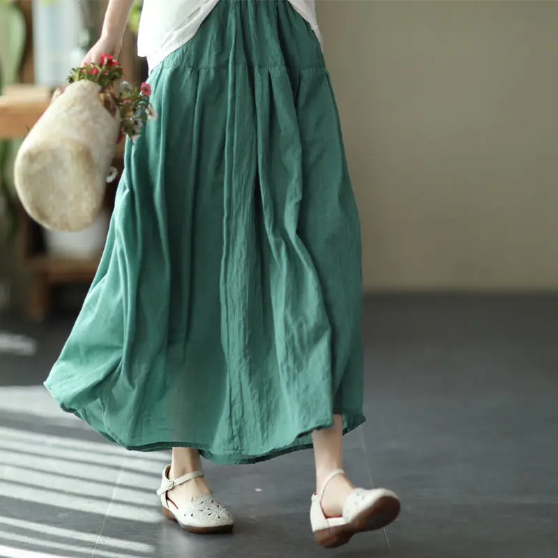 Elastic High Waist Cotton and Linen Solid Color Midi Skirt Women Loose Casual Vintage A-line Pleated Skirts Female Clothes