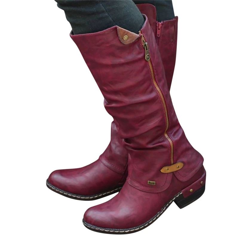 Botas Mujer Largas/модные ковбойские сапоги для верховой езды в западном стиле женские кожаные сапоги ручной работы до колена в стиле ретро;#5 - Цвет: RD
