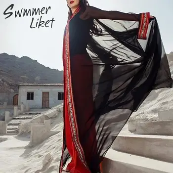 

Vintage Summer beach wear Black Kaftan Tunic Robe Long cover ups female embroidery sarong kimono 2020 Gossamer beach dress new
