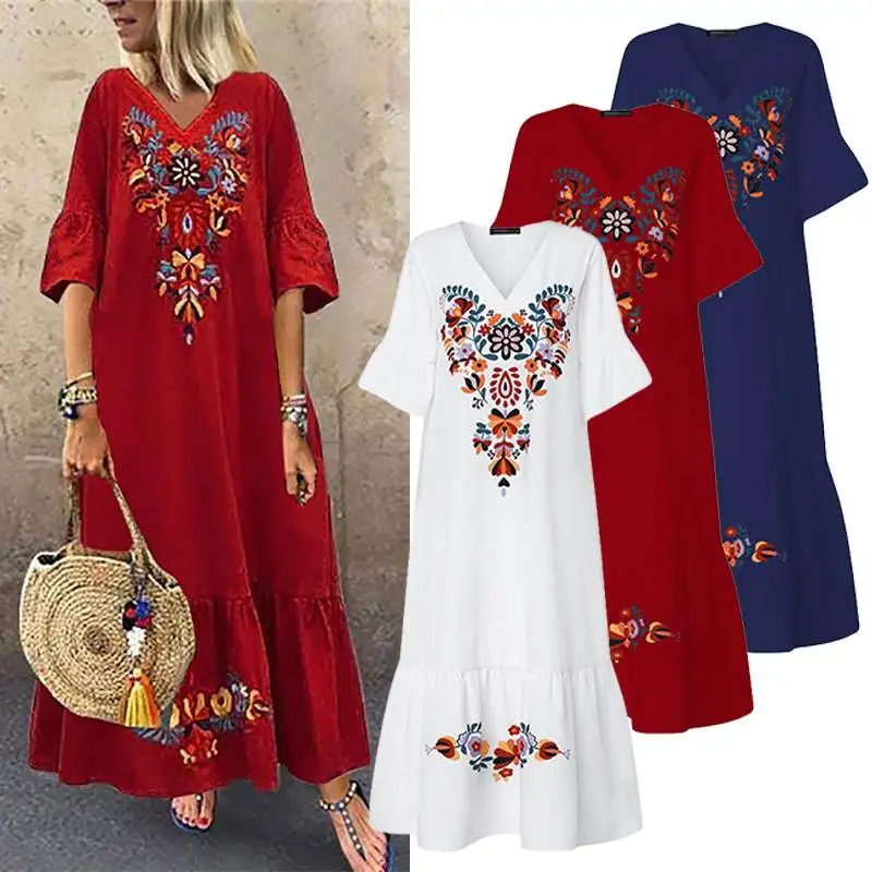 

2019 Bohemian Women Dress Summer Sundress ZANZEA Ladies Floral Print Long Maxi Vestidos Vintage Ruffles Elegant Dress Beach Robe