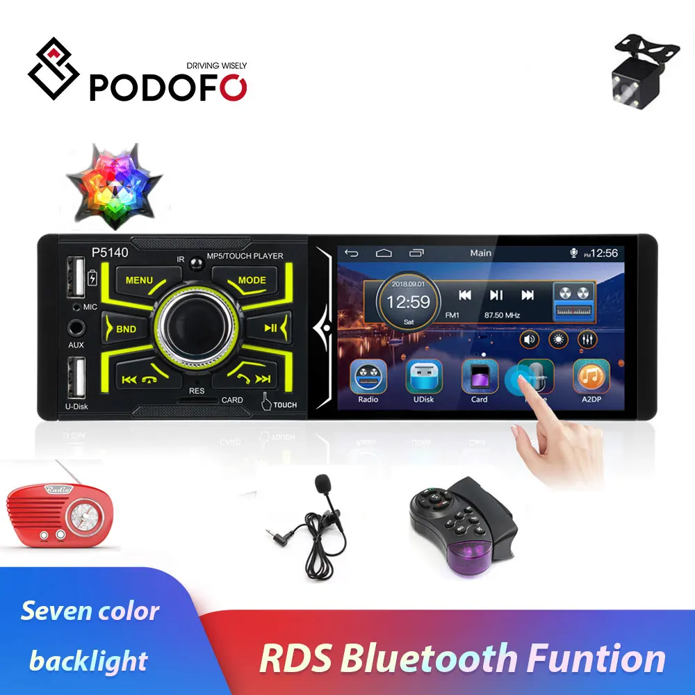 Podofo 1din автомобильное радио 4 1 дюймовый сенсорный экран Bluetooth AM FM рулевое