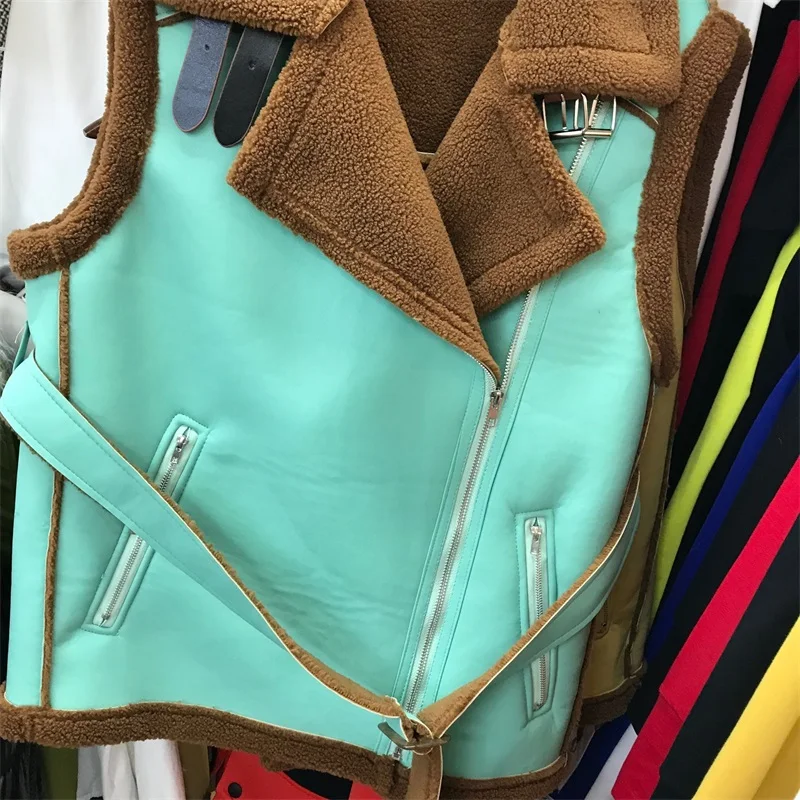 Меховая цельная жилетка без рукавов, женская осенняя и зимняя коллекция года, корейский стиль, свободный крой, пояс, талия, мех ягненка, шуба, Chalecos Para Mujer