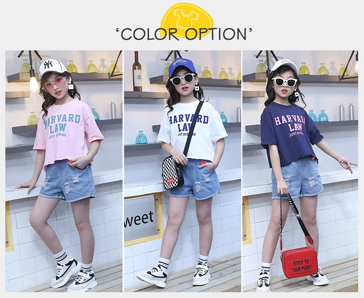Casual Korea Street Style Kids Children Clothing Set Girls Two Piece Tee-shirt And Denim Shorts Matching Outfit Set