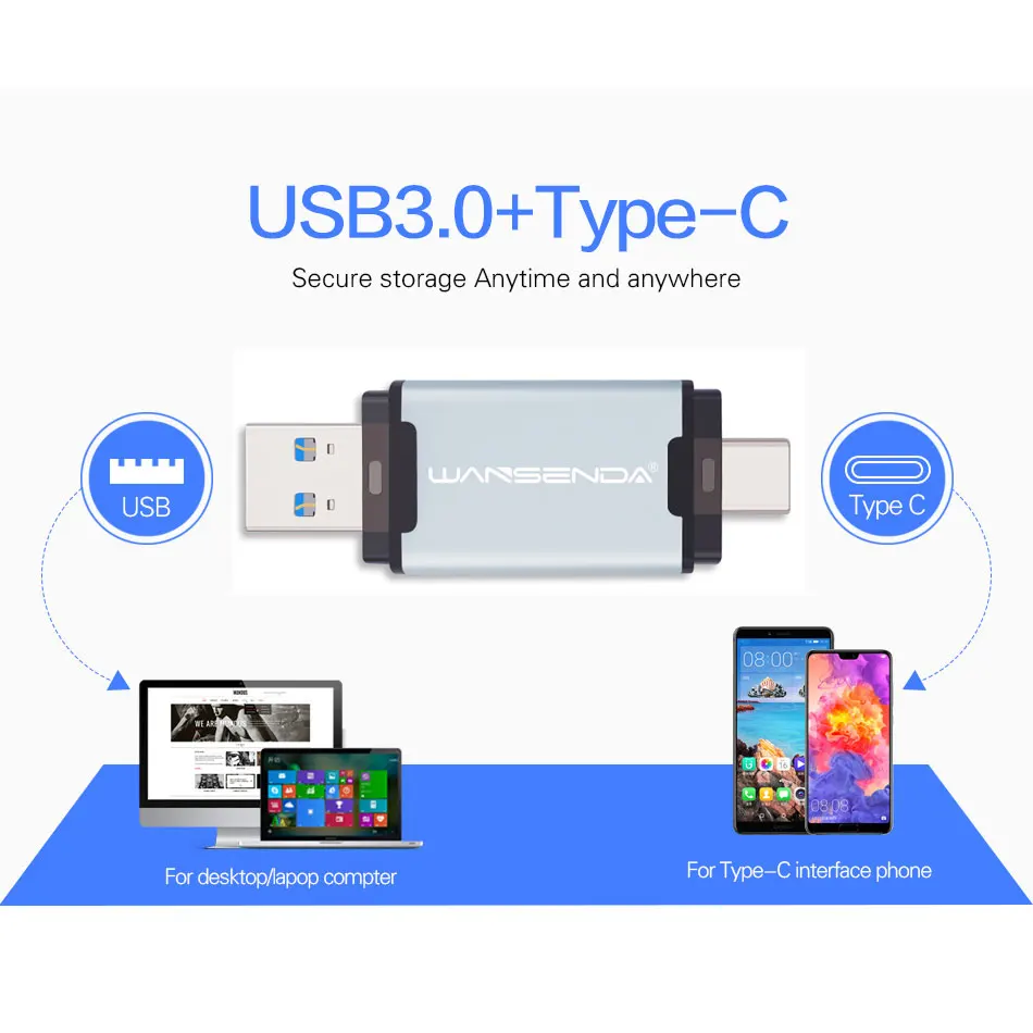 New WANSENDA USB 3.0 TYPE-C USB Flash Drive 512GB 256GB 128GB 64GB 32GB 16GB Pen Drive External Storage Pendrive for Android/PC