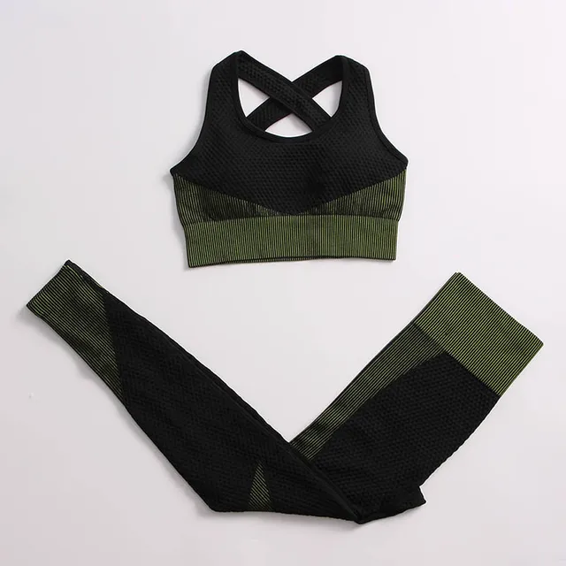 Yoga Set Workout Gym Clothing Fitness For Women's Tracksuit Outfit Leggings Sport Bras Top Long Sleeve Women Sportswear Suit black green