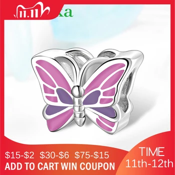 

Colorful pink purple Butterfly Fairy Bead 925 Sterling Silver charm Fit Original European charm Bracelet Necklaces Jewelry