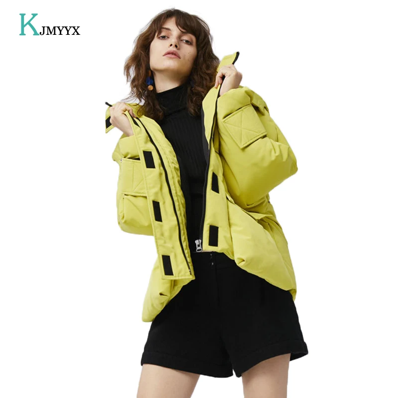 Kjmyyx/Новинка года; зимние корейские женские пуховики; шикарный однотонный пуховик на утином пуху; плотная теплая верхняя одежда с капюшоном для женщин; уличная одежда
