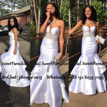 

Stylish White Satin Tiered Mermaid Evening Dress With Appliques 2020 African Women Sweetheart Long Prom Dresses Robe De Soiree