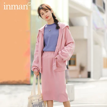 

INMAN 2020 Spring New Arrival Literary Hooded Surcoat Skirt Two-piece Suit