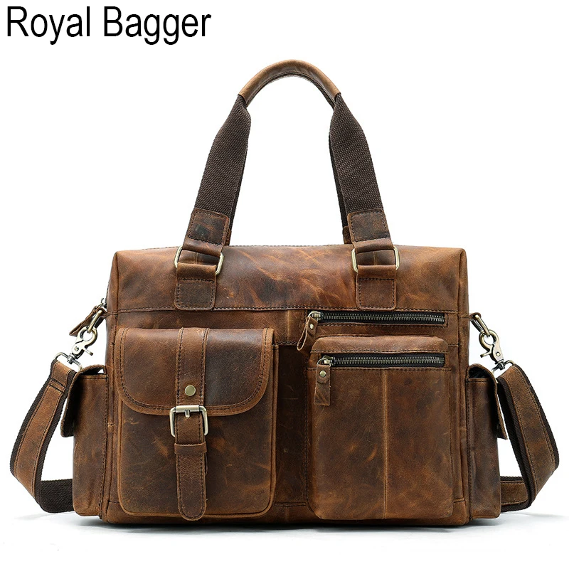 Royal Bagger портфель для ноутбука сумка для мужчин из натуральной коровьей кожи Европейский Стиль Дорожная сумка на плечо Crazy Horse кожа - Цвет: Хаки