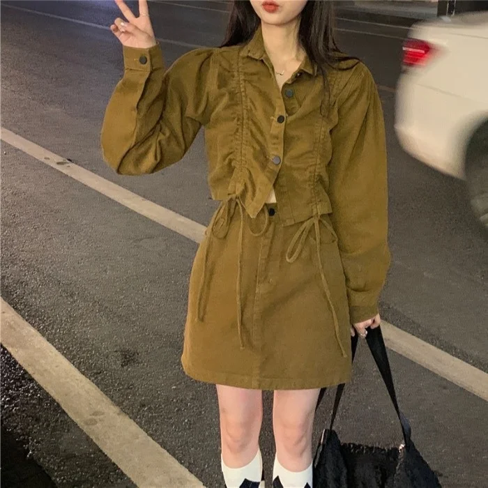 Женская короткая рубашка на шнуровке осенний костюм для стрельбы юбка с высокой