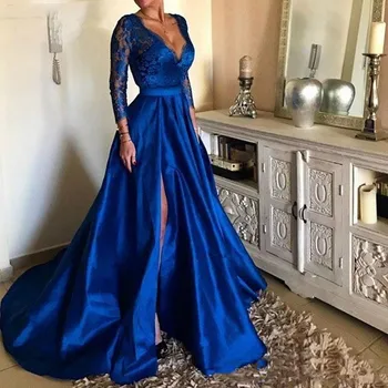 

Royal Blue V-neck Lace Satin Eveing Dress Long Sleeves Side Split Floor Length Prom Gown