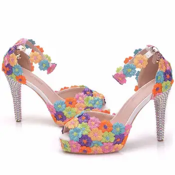 

Fashion large size sandals fine with fish mouth waterproof platform color shoes female lace national costume high heels