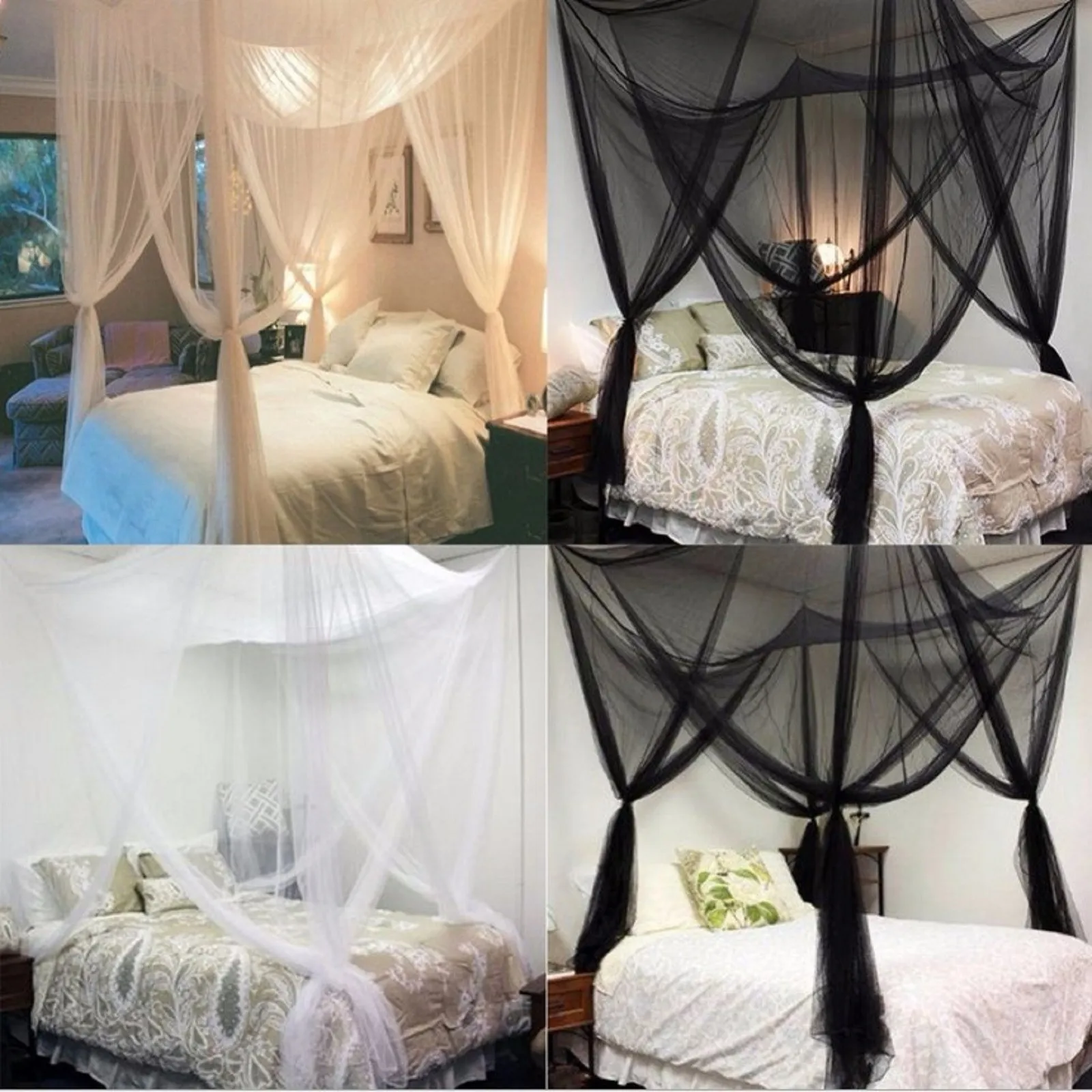 4 Corner Post Bed Canopy Mosquito Net Full Queen King Romantic White Bedding 