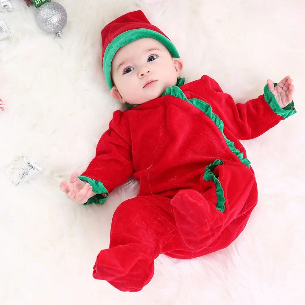 Рождественский однотонный комбинезон с длинными рукавами для малышей+ шапочка, комплект одежды