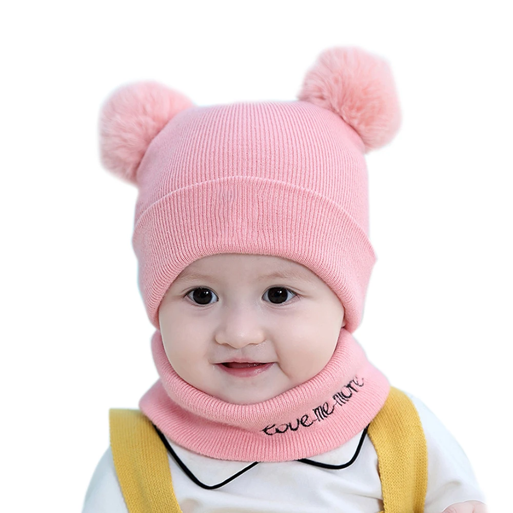 2 шт./компл. Милая шапка и шарф, набор для детей Детские Вязание медвежьими ушками, повседневное Хлопковое платье, зимние теплые вязаные шарфы рождественские аксессуары - Цвет: Розовый