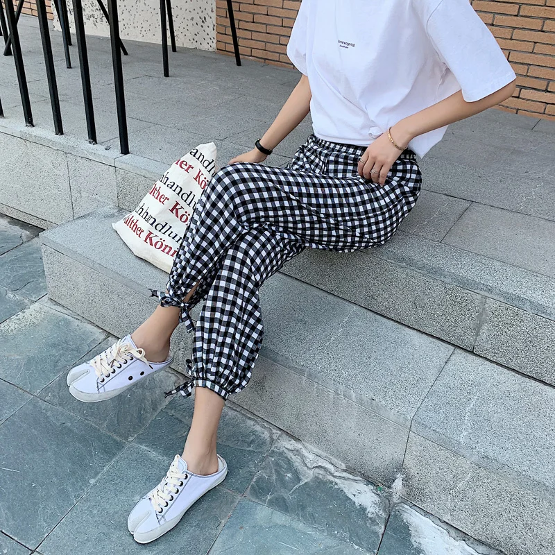 

Korean Style Pants Women Chiffon Sweatpants Streetwear High Elastic Waist Sweat Loose Plaid Pants Female Summer Camouflage Hot