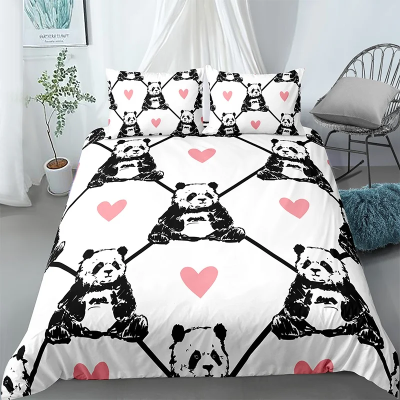 Наволочка с милой пандой и сердечком пододеяльник 3d Цифровым принтом Комплект