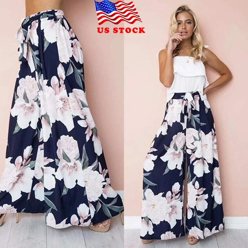 Модные женские летние Boho Цветочные шаровары длинные штаны хиппи Высокая широкая нога Цыганский танец Бохо Палаццо свободные кюлоты повседневные брюки