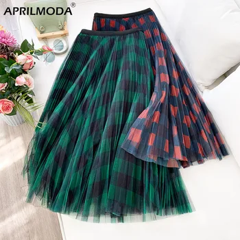 

2020 Spring Summer Women Vintage Mesh Patchwork Long Skirts High Waist Plaid Harajuku Tulle A-Line Mid-Calf Skirts Ladies