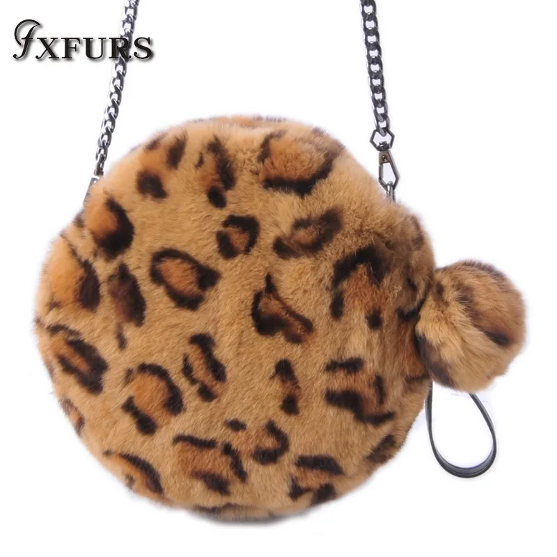 

2019 New Rex Rabbit Fur Handbags Zipper Package Leopard Print Single Shoulder Fashion Chain Bag Girl Lover Winter Warm Fur Wrist