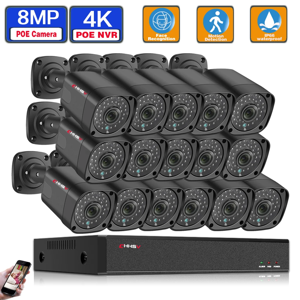 4K Ultra HD POE Security Camera System 16CH NVR 8MP Outdoor Waterproof IP Cameras H.265 CCTV Video Surveillance Kit | Видеонаблюдение