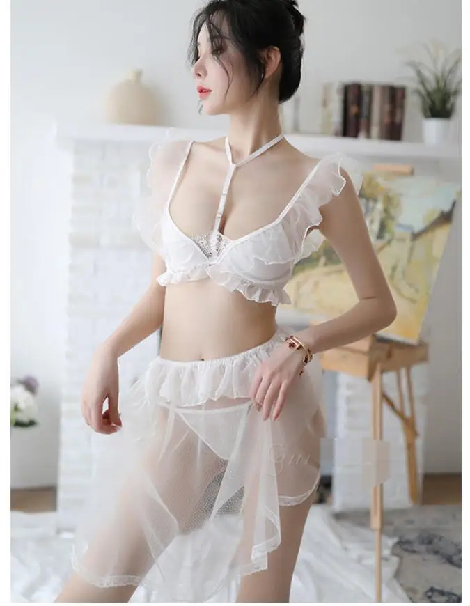 Сексуальное нижнее белье, мини-платье, комплект для сна, Kawaii, нижнее белье для женщин и девочек, Милая Сексуальная юбка, бюстгальтер, трусики, стринги, прозрачная одежда для сна, белый, черный