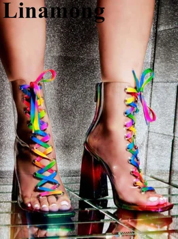 

Summer Fashion PVC Colorful Women Sandals Buautiful Lace up Square High Heel And Open Toe Hottest Women Sandals Women Shoes