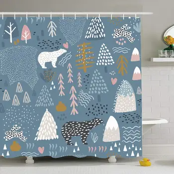 

Shower Curtain Set with Hooks 72x78 Nursery Pattern Bunnypolar Bear Forest Tree Elements Nature Bunny Textures Wood Firtree