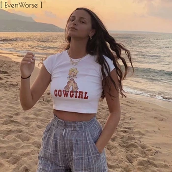 

Bomblook O-neck Short Sleeve Cartoon Print Slim Exposed Navel Top Tee 2020 Summer Women Fashion Casual Streetwear Mini Crop Tops