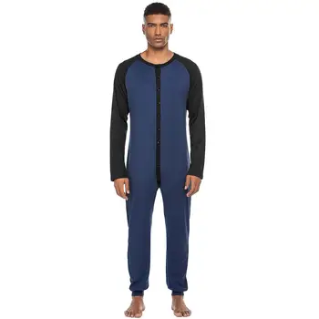 

Men Casual O-neck Long Sleeve Patchwork Button Nightwear One Piece Spring/Fall Sleepwear
