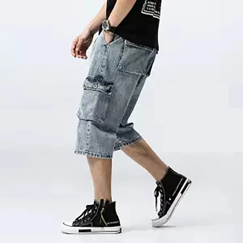 Мужские s плюс размер свободные мешковатые из джинсовой ткани Короткие мужские джинсы модные уличные хип хоп Длинные 3/4 Капри накладной карман Бермуды мужские синие - Цвет: as pic