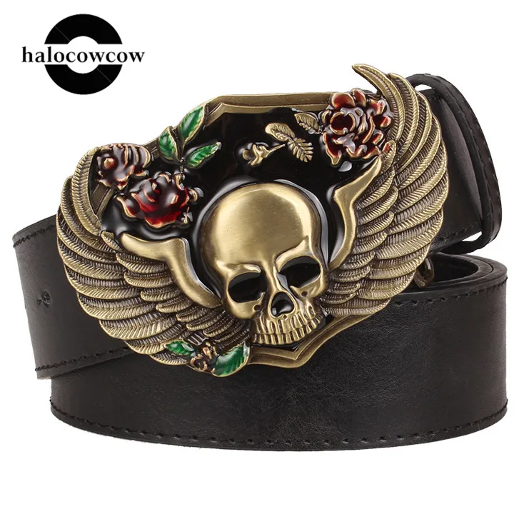 

Colorful Flower Ghost Large Alloy Buckle Belt for Men Women Skull Wild Personality Belts Brown Black White