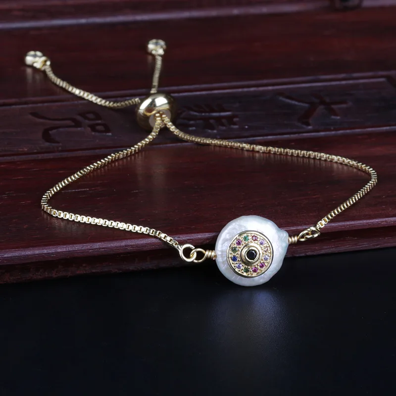 Мятный cz кристалл проложить СГЛАЗА ЗАЩИТА Шарм натуральный плоский пресноводный жемчуг шарик звено браслет для женщин свадебный подарок на день рождения