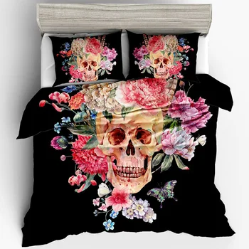 

3D Skull Bedding Suit Home Textile Digital Printing Bed Cover +2 Pillowcases 3 Pieces Sets Polyester Both No Core Healthy Care