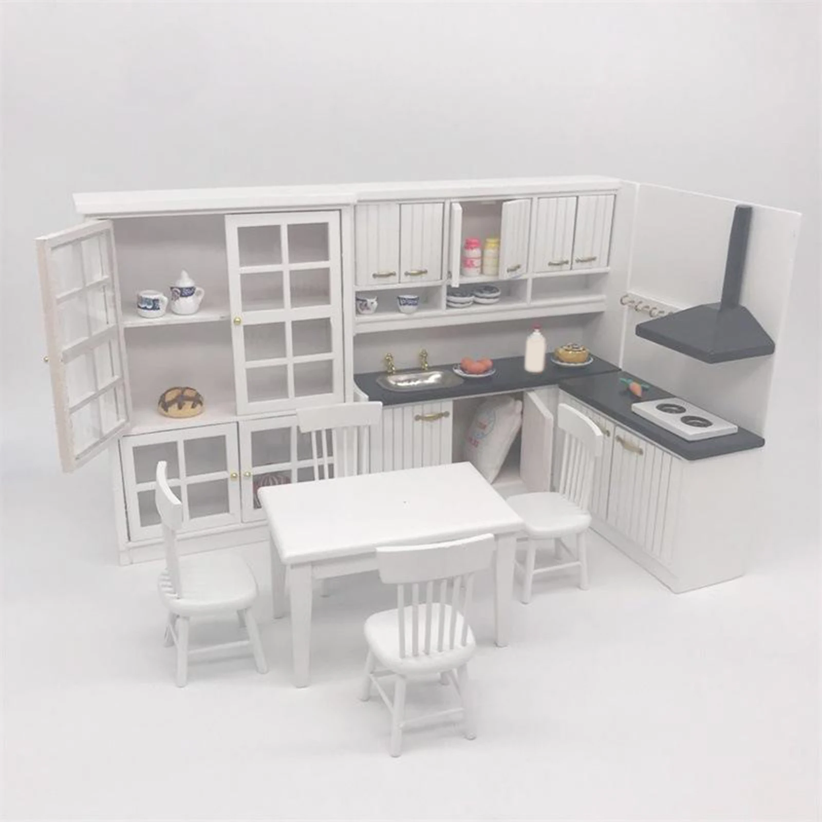 1:12 Dollhouse Miniature Furniture Wooden Kitchen Cabinet Dining Table Dollhouse Chair Kits Handcraft DIY Gifts