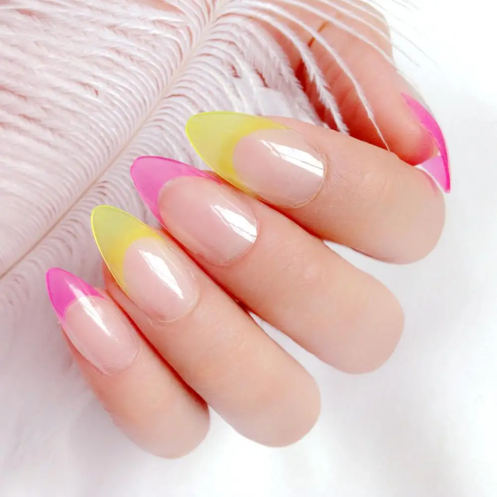 

24Pcs Shiny Yellow Short Stiletto False Nails With Design Lady Artificial French Fake Nails DIY Finger Tips Manicure Tool