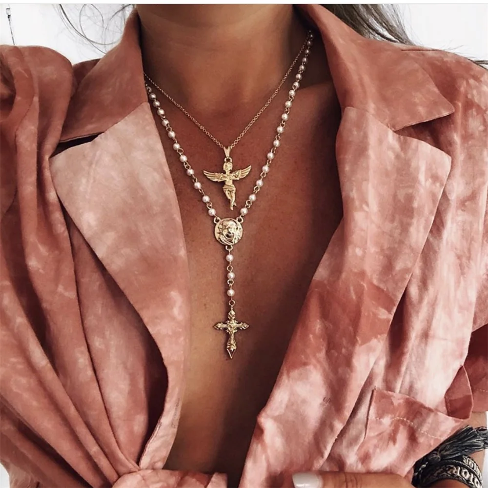 

Gothic Multi Layer Coin Avatar Necklace Religion Angek Cross Pendant Necklace for Women Statement Jewelry
