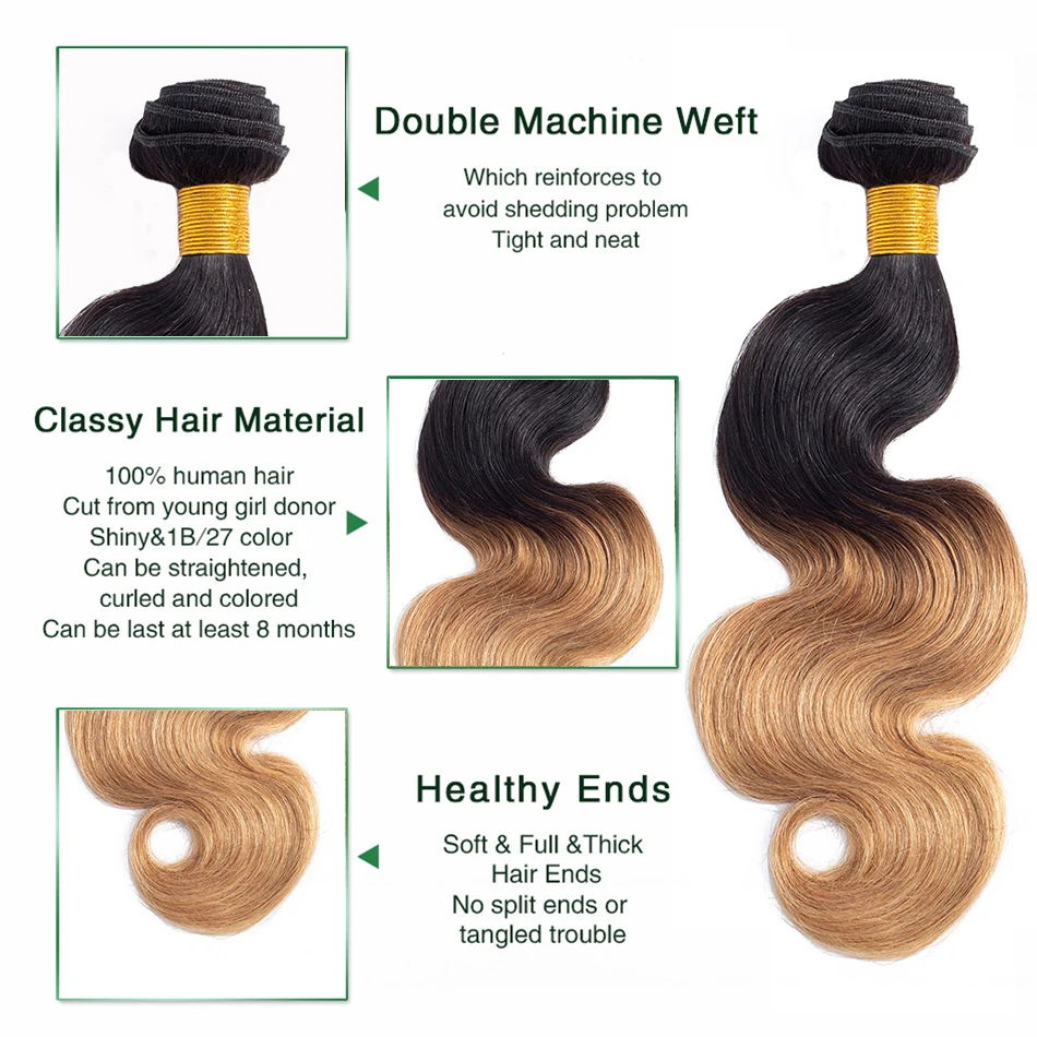 Liddy Bundles With Closure Brazilian Body Wave Hair Ombre 3 Bundles With Closure 100% Human Hair T1B-27 Non-remy Hair Extensions