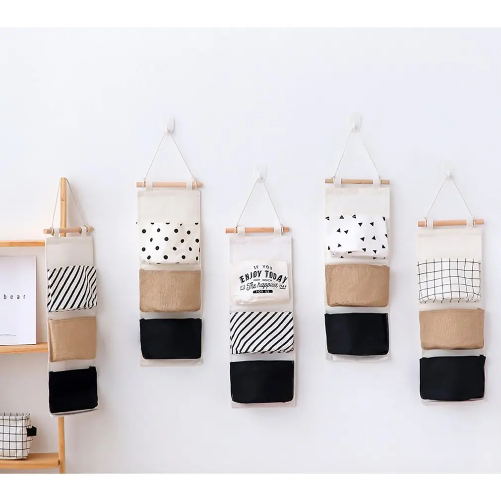 

Cotton Linen Hanging Storage Bag 3 Pockets Wall Mounted Wardrobe Hanging Bag Wall Pouch Cosmetic Toys Organizer