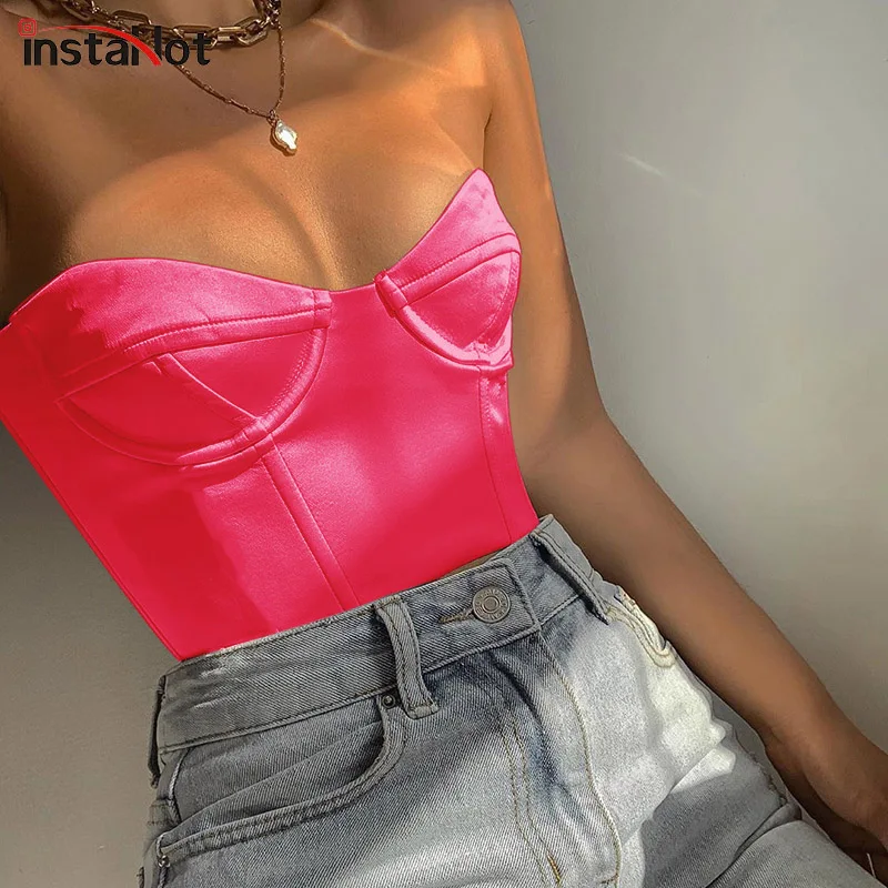 Женский топ из искусственной кожи InstaHot оранжевый или Розовый Топ без бретелек