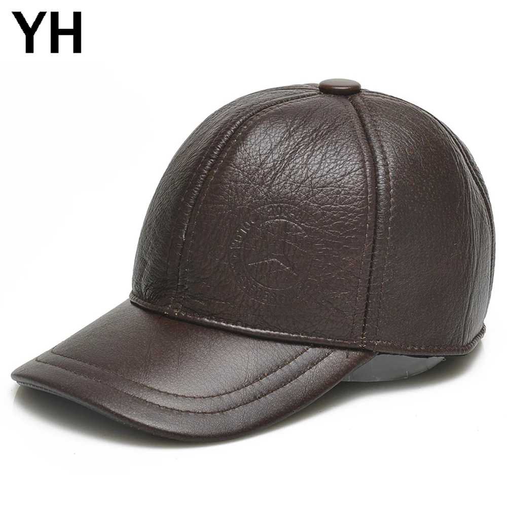 Brand Men Real Cowhide Leather Earflap Hats Male Fall Winter 100% Cow Hat Casual Outdoor Baseball Caps | Аксессуары для одежды