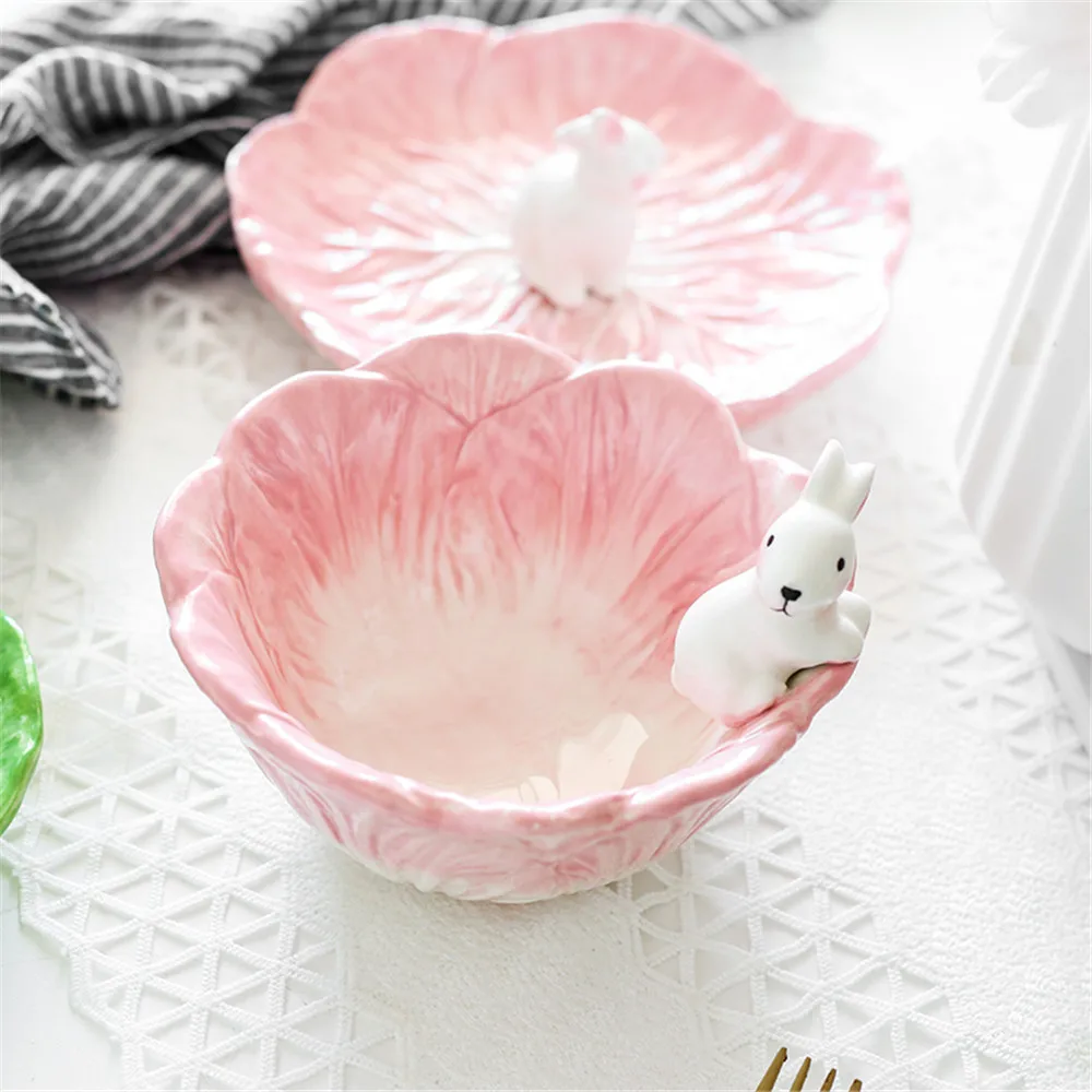 Керамическая чаша для кроликов из мультфильма, креативные фруктовые закуски, орехи, миски для мороженого, розовая, зеленая посуда, вечерние принадлежности для дома