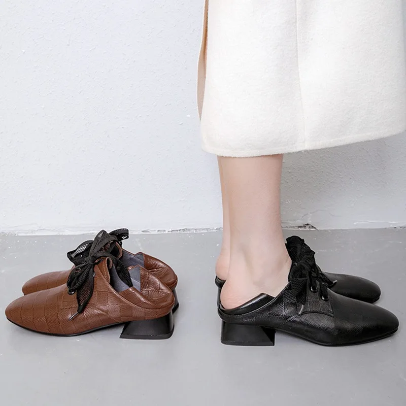 

2019 Spring New Style Genuine Leather Lace-up Deep-mouth Thin Shoes Women's Europe And America Fashion Square Head Low Heel Vers