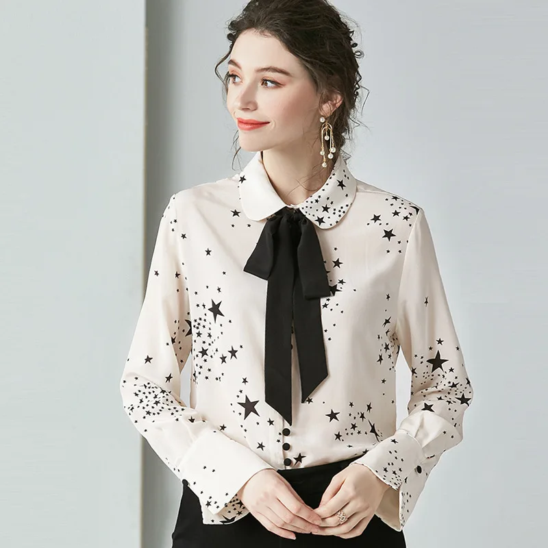 

Spring Long Sleeve Star Print Off White Pure Silk Blouses Elegant Office Ladies Tops Black Bow High Quality Loose Women Shirts