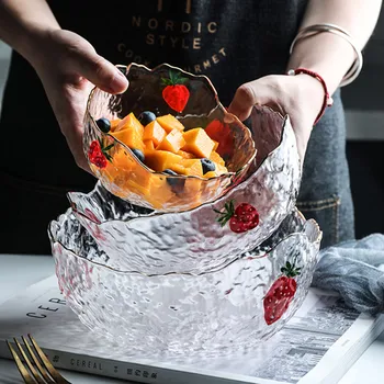 

Glass Salad Bowl Mixing Bowl Hammer Shaped Dinnerware Set Strawberry Glass Fruit Vegetable Bowl Hand Painted Table Set