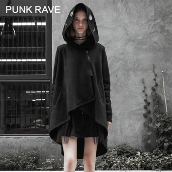 

PUNK RAVE Women's Gothic Big Hat Warm Loose Cloak Jacket Personality Irregular Hem Party Club Hooded Coat Women Clothes