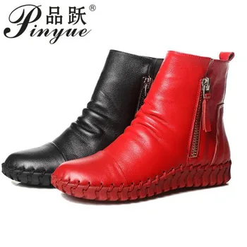 

Spring/Autumn Ankle Boots Women's Genuine Leather Shoes Woman Casual Chelsea Boots Female Flat With Zip Retro Botas Mujer